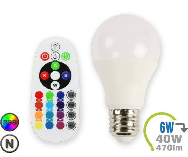 E27 LED Lampe 6W A60 RGB mit Fernbedienung Neutralweiß
